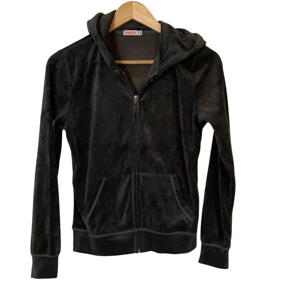 Feoya Womens Y2K Grey Velour Hoodie‎ Zip Front Jacket Size XS Track Casual